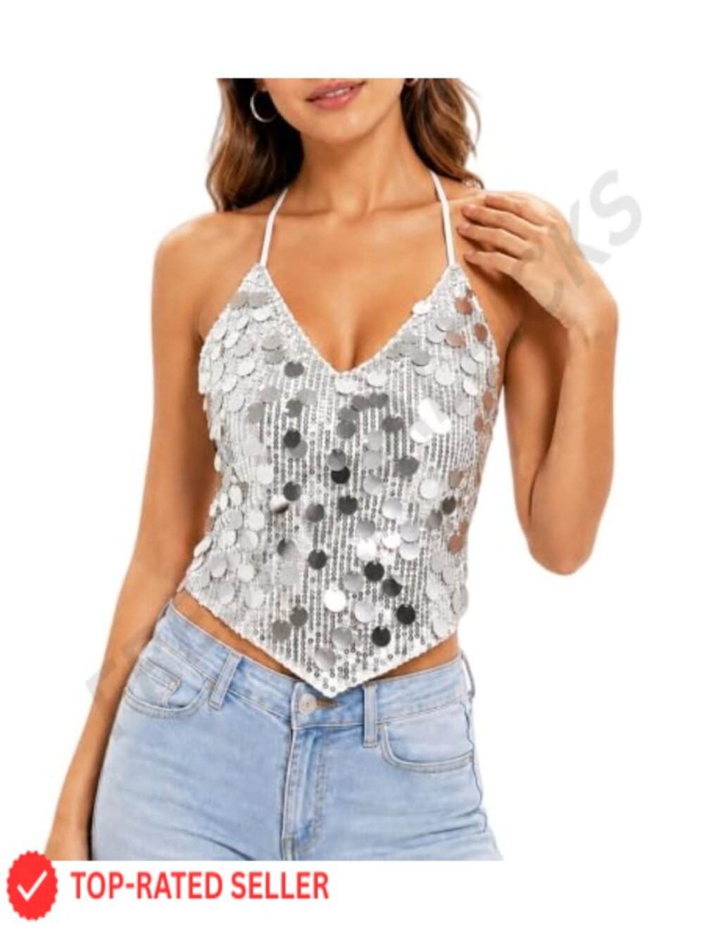 Sequin Tank Top Sparkle V Neck Halter Y2K Disco Party Outfit